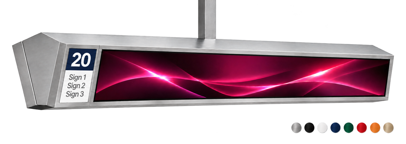 Ceiling-mounted display with branded sign panel